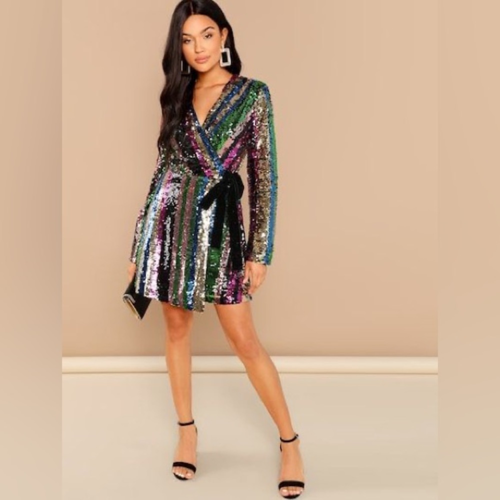 SHEIN Multicolor Sequin Wrap Mini Dress with Black Tie